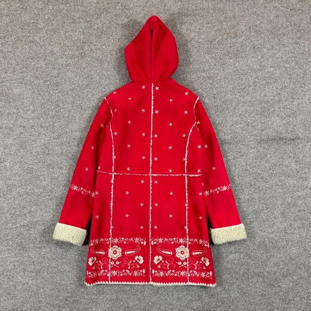 VTG Gap Kids Girl’s XL Red Faux Suede Shearling Nordic Embroidered Hooded Jacket